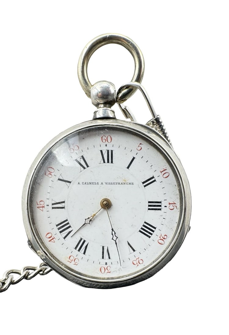 Beautiful Antique A. CALMELS France Engraved 800 Silver Pocket Watch: Very good vintage condition with minor patina according to age. Face measures approx. 1 1/2" in diameter, chain (stainless steel) measures approx. 14.5" long and total weight is ca. 72.12 grams. Marke