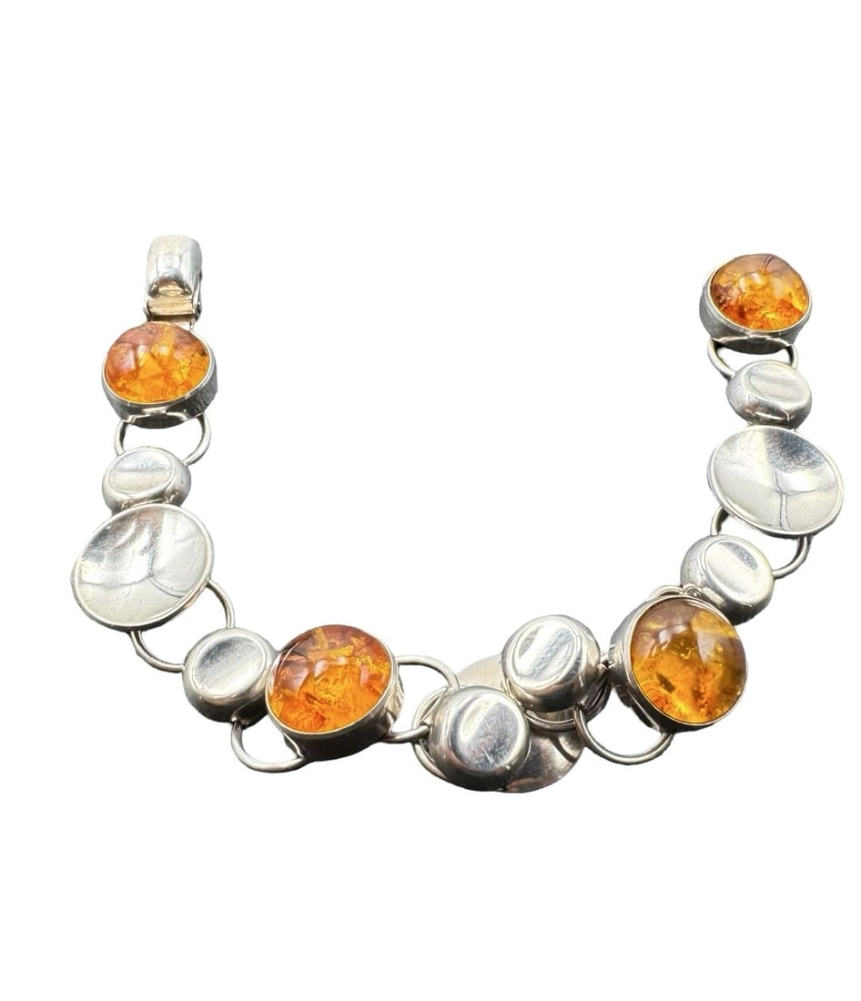 Spectacular Vintage Mid-Century Modern FISCHLAND Germany 835 Silver & Baltic Amber Link Bracelet: Very good vintage condition with minor patina according to age. Measures approx. 6 1/2" long x 1/2" wide. Weighs ca. 17.31 grams. Marked for 835 Silver and FISCHLAND.