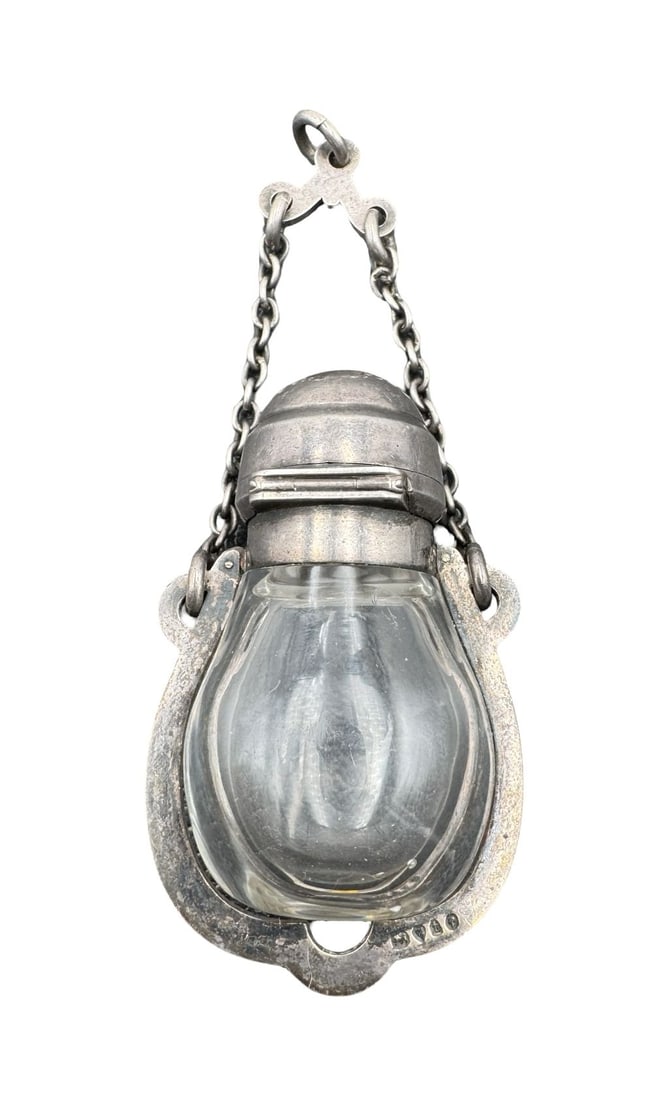 Rare Antique Victorian British Sterling Silver & Blown Glass Lantern-Form Perfume Flacon Chatelaine: Very good vintage condition with minor patina according to age. Pendant measures 2 3/4" long x 1 3/4" wide. Weighs ca. 98.24 grams. Marked for Sterling Silver.
