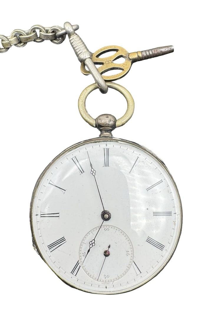Beautiful Antique French Silver Plate Pocket Watch w/ Key & Chain (1 of 9)