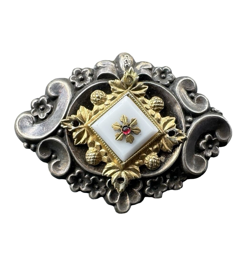 Magnificent Antique Victorian Repousse Partially Gilt Silver & White Chalcedony & Red Gemstone: Very good antique condition with minor patina according to age. Measures approx. 1 1/2" long x 2" wide. Weighs ca. 8 grams. Tested for Silver.