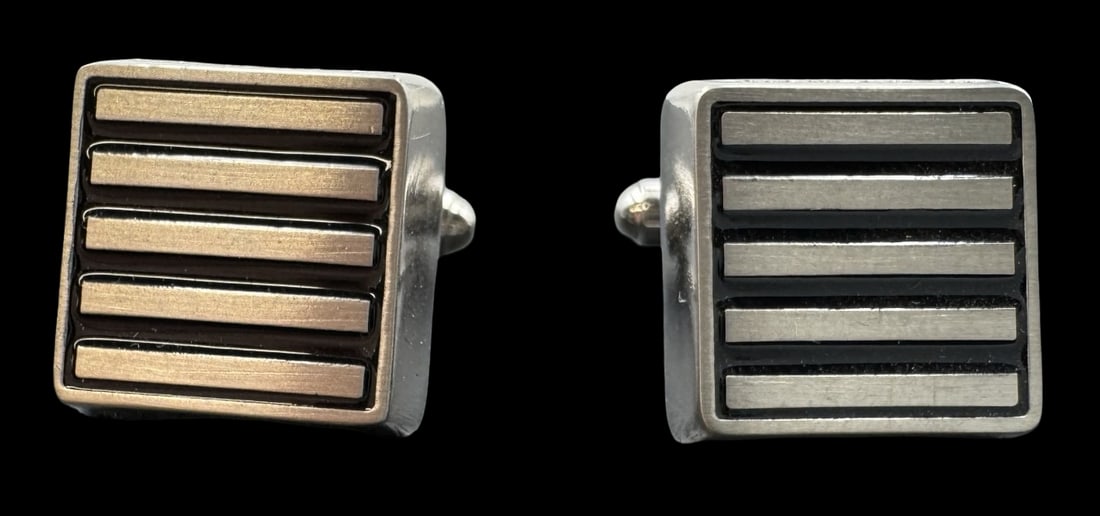 Stylish Vintage STRELLSON Switzerland Silver Metal & Black Enamel Cufflinks: Very good vintage condition with minor patina according to age. Measures approx. 5/8" long x 5/8" wide. Marked for STRELLSON