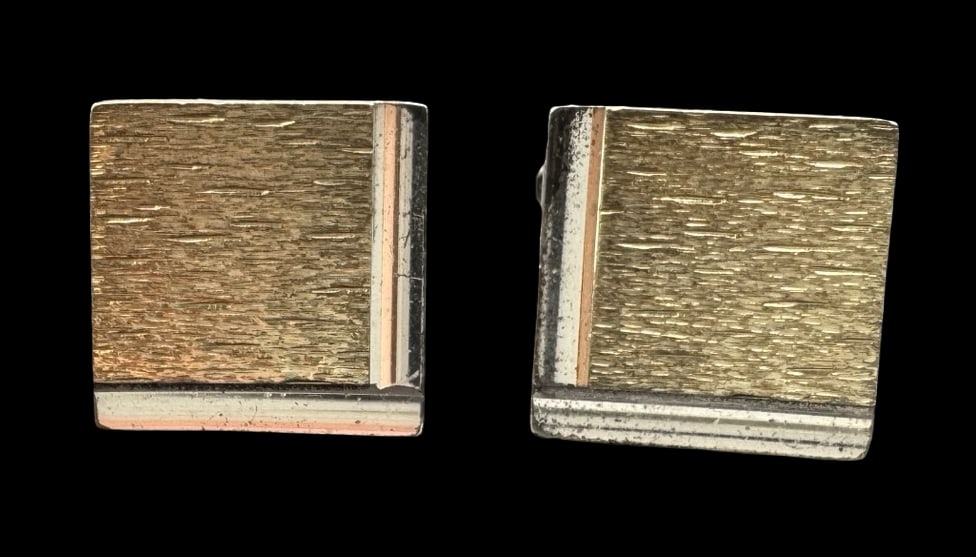 Stylish Vintage Gold & Silver Plated Cufflinks: Very good vintage condition with minor patina according to age. Measures approx. 5/8" long x 5/8" wide & weighs ca. 14.7 grams. Marked for Gold & Silver Plated