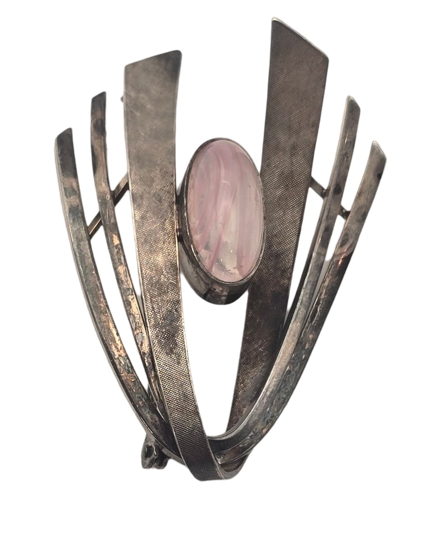 Mid-Century Modern European 800 Silver & Pink Stone Brooch: Measures approx. 2" long x 1 1/2" wide and weighs ca. 60.1 grams. Very good vintage condition with minor patina according to age. Marked.