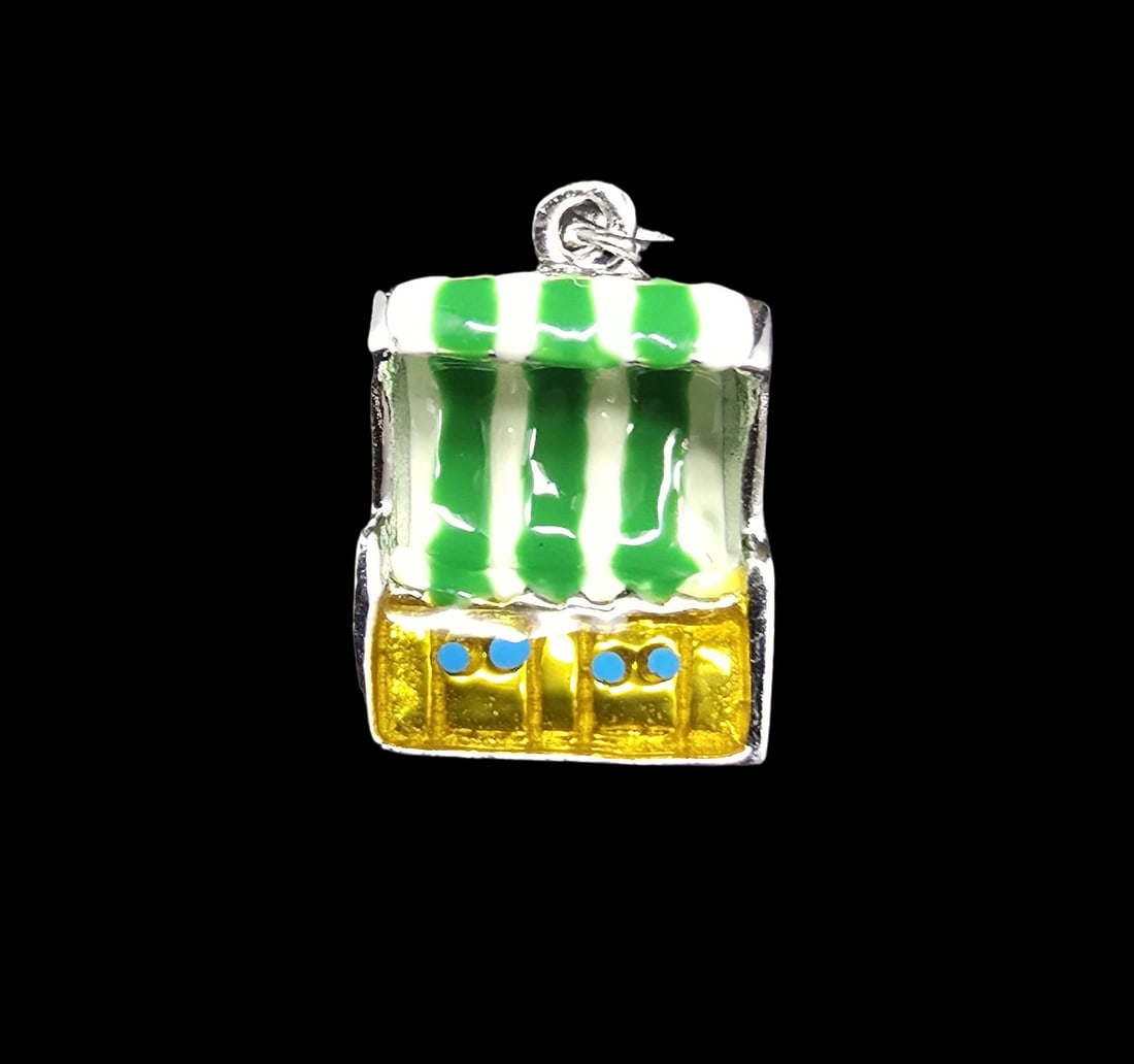 Unusual & Whimsical Vintage Sterling Silver Green & White Beach Chair Pendant: Very good vintage condition with minor patina according to age. Measures approx. 1/2" long and 1/2" wide and weighs ca. 2 grams. Marked for Sterling Silver.