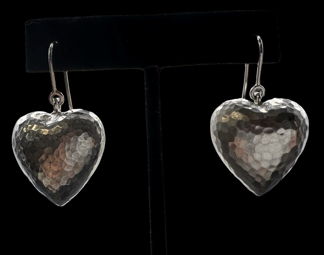Stylish Vintage Hand Hammered Sterling Silver Heart Shaped Earrings (1 of 2)