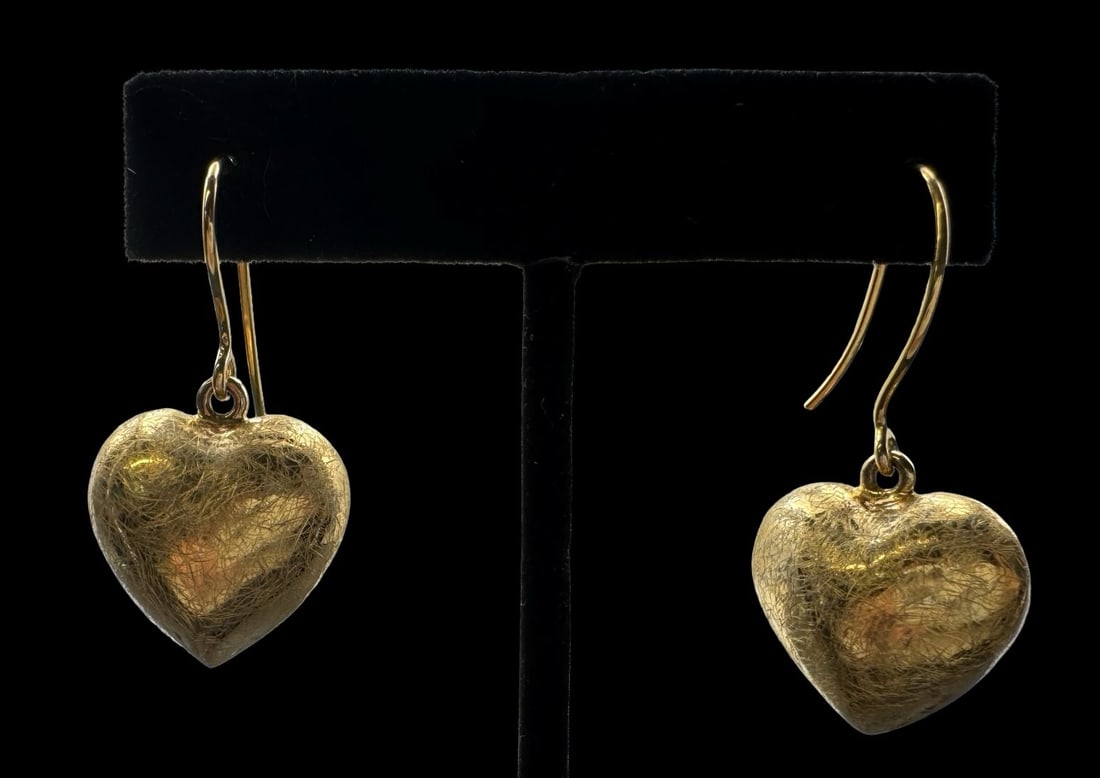 Stylish Vintage Gilt Brushed Sterling Silver Heart Shaped Earrings: Very good vintage condition with minor patina according to age. Each measures approx. 7/8" long x 7/8" wide and they jointly weigh ca. 10.6 grams. Marked for Sterling Silver..