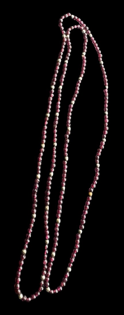 Vintage Gilt Sterling Silver & Garnet Bead Necklace: Very good vintage condition with minor patina according to age. Necklace measures approx. 36" long and weighs ca. 27.8 grams. Marked for Sterling Silver..