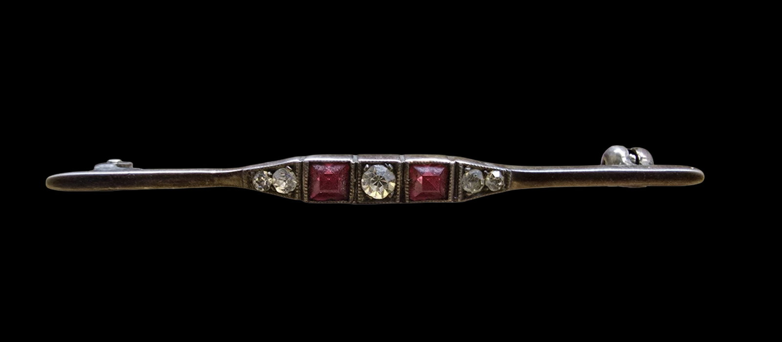 Beautiful Vintage Art Deco European 835 Silver & Red/Clear Gemstone Pin Brooch: Very good antique condition with minor patina according to age. Measures approx. 2" wide and weighs ca. 2.5 grams. Marked for 835 Silver.