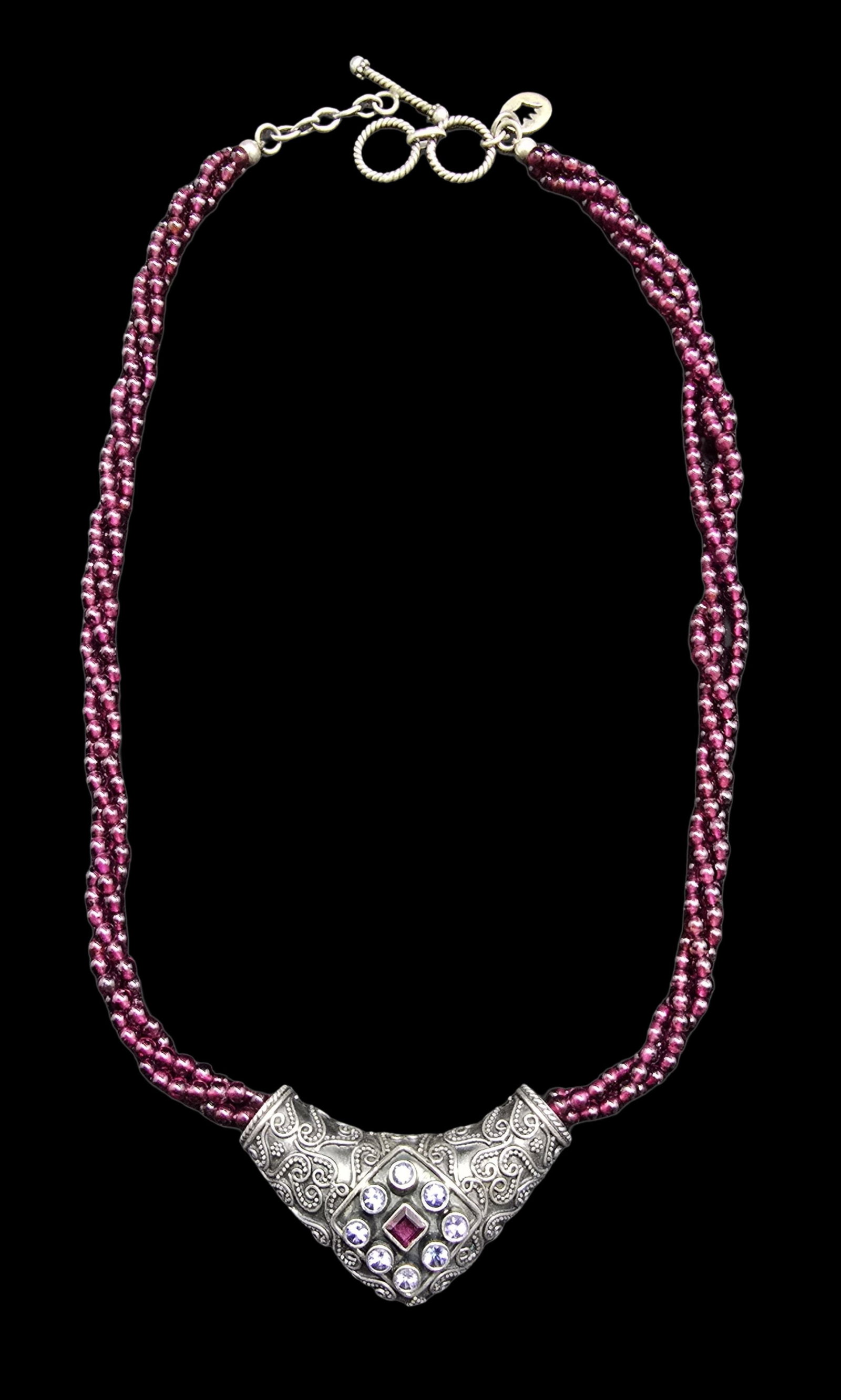 Stunning Vintage Sterling Silver & Garnet Choker Necklace: Very good antique condition with minor patina according to age. The pendant measures approx. 2" wide and total weight is ca. 50 grams. The necklace is approx. 18" long. Marked for Sterling Silver.