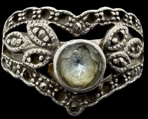Beautiful Vintage Sterling Silver, Marcasite & Clear Gemstone Ring: Good vintage condition with minor patina according to age; missing some gemstones. Measures approx. 1/2" wide and weighs ca. 5.9 grams. The ring is a size 6. Marked for Sterling Silver..