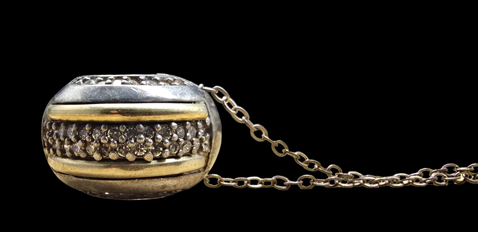 Very Stylish Vintage Sterling Silver, Rhinestone & 14K Gold Designer Pendant Necklace: Very good antique condition with minor patina according to age. The pendant measures approx. 1" in diameter and total weight is ca. 12.5 grams. The necklace is approx. 19" long. Marked for Sterling Si