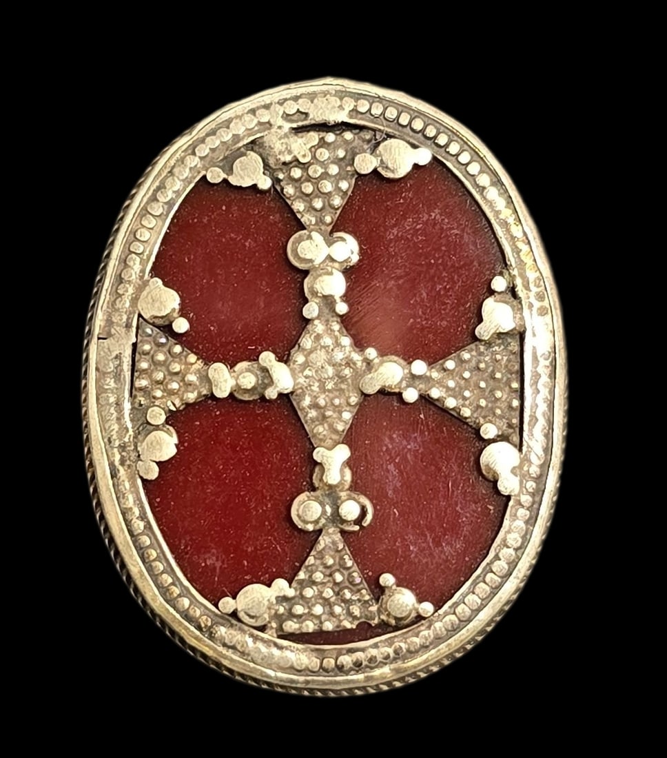 Rare Antique Tribal Turkmen Tekke Silver & Red Glass Maltese Cross Ring (1 of 6)