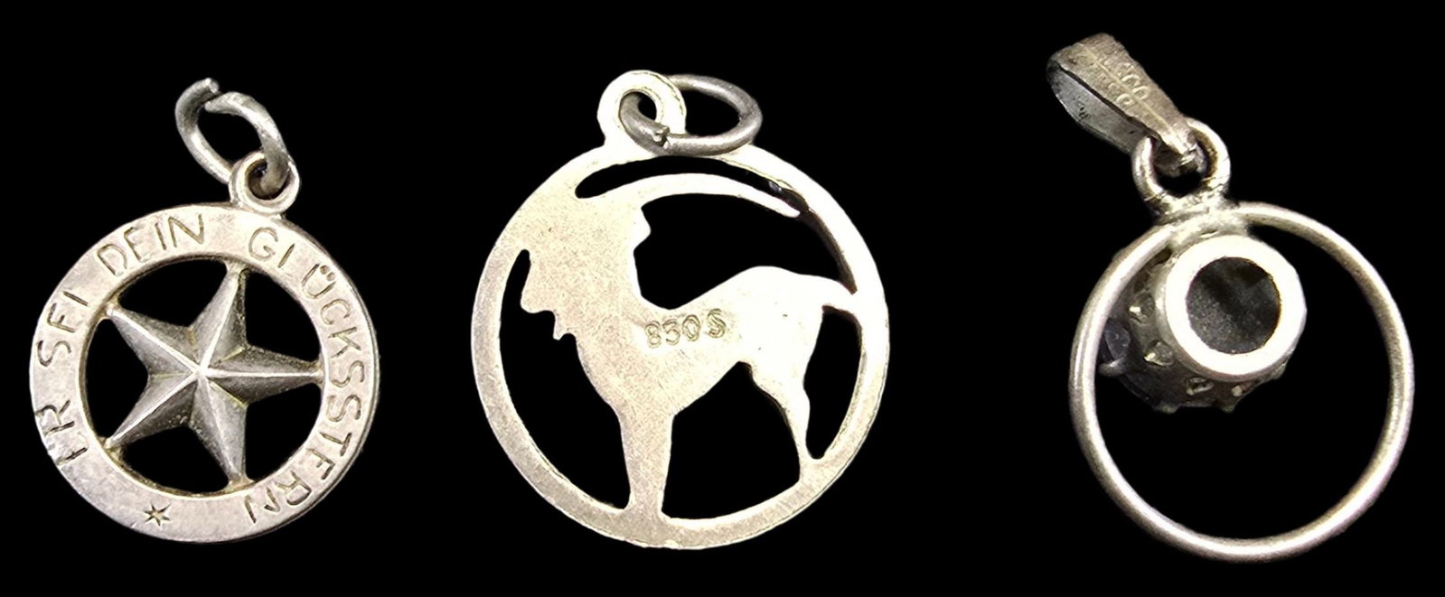 Lot of 3 Sterling Silver Pendant Charms: Very good vintage condition with minor patina according to age. Each measures approx. 1/2" high and weighs ca. 1 gram