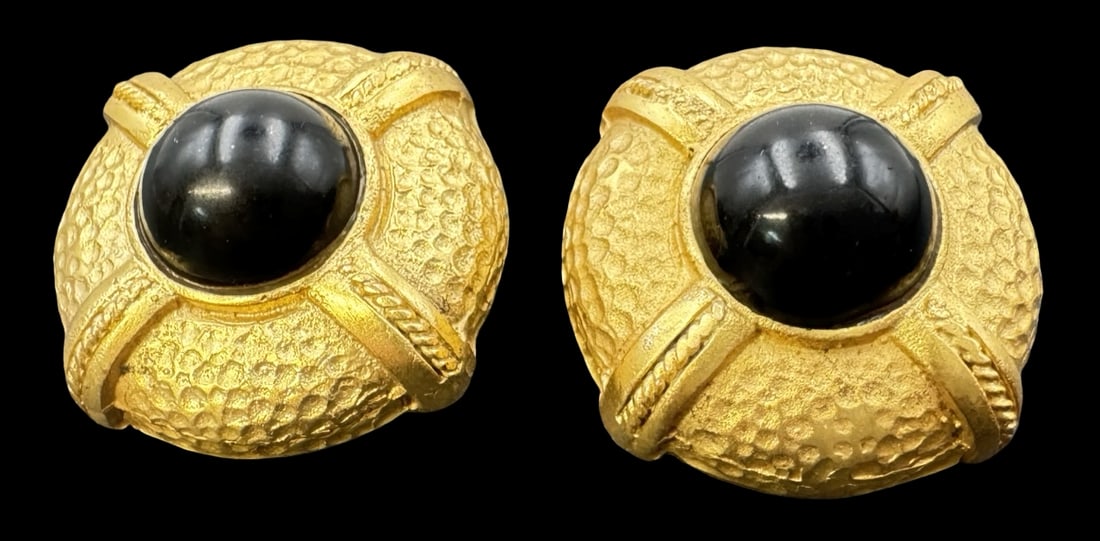 Vintage Gilt Sterling Silver & Black Gemstone Earrings: Very good vintage condition with minor patina according to age. Each measures approx. 1" in diameter and they jointly weigh ca. 26 grams. Marked for Sterling Silver..