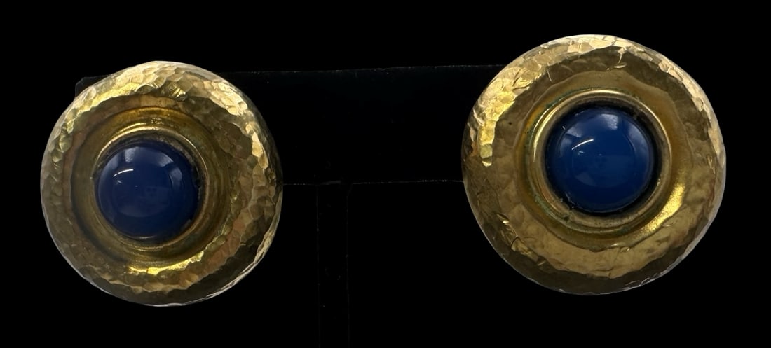 Vintage Hand Hammered Gilt Sterling Silver & Blue Gemstone Earrings: Very good vintage condition with minor patina according to age. Each measures approx. 1 1/4" in diameter and they jointly weigh ca. 21.3 grams. Marked for Sterling Silver..