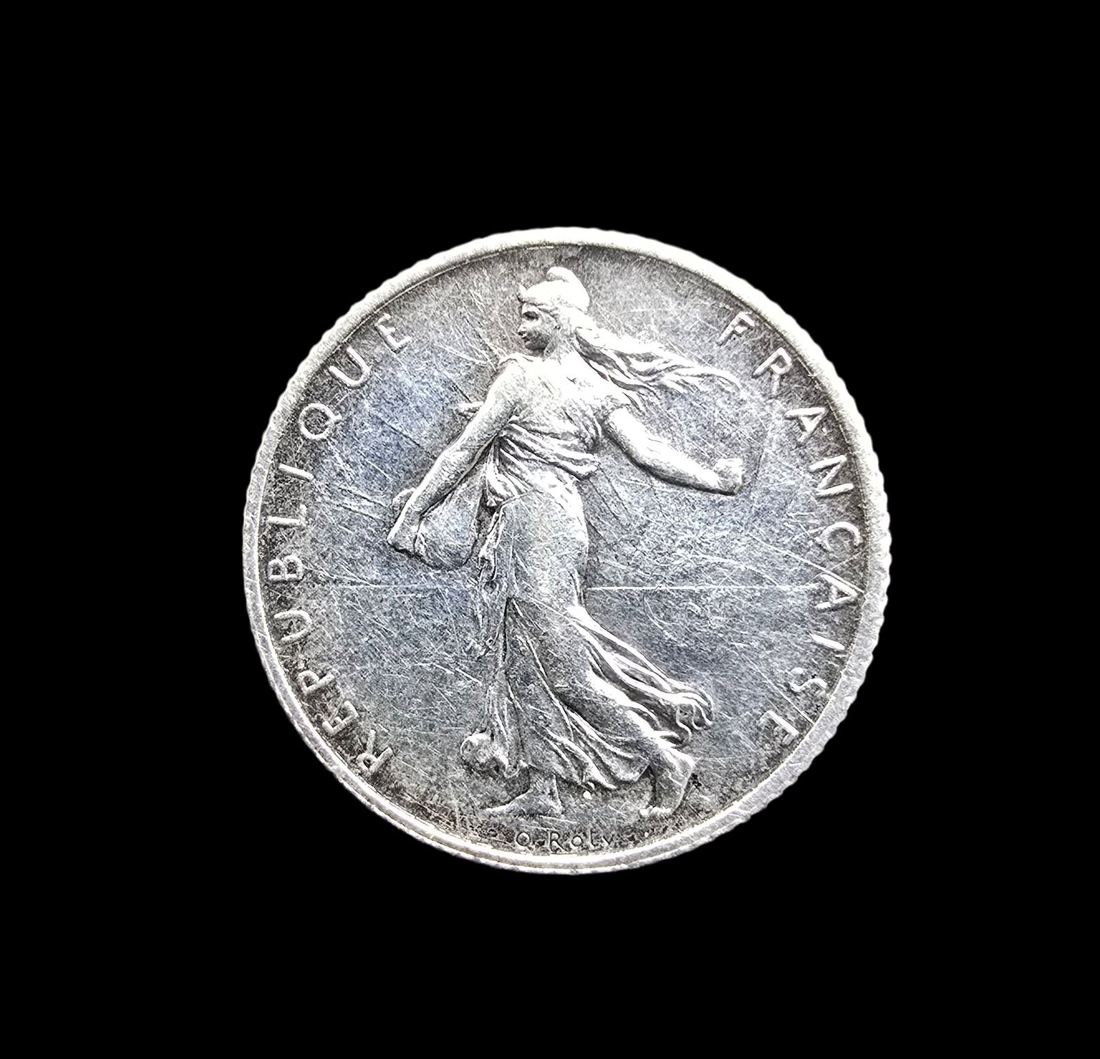 Antique French 1906 La Semeuse Sower Women Silver Coin Brooch Pin: Very good vintage condition with minor patina according to age. Measures approx. 1" wide and weighs ca. 5 grams.