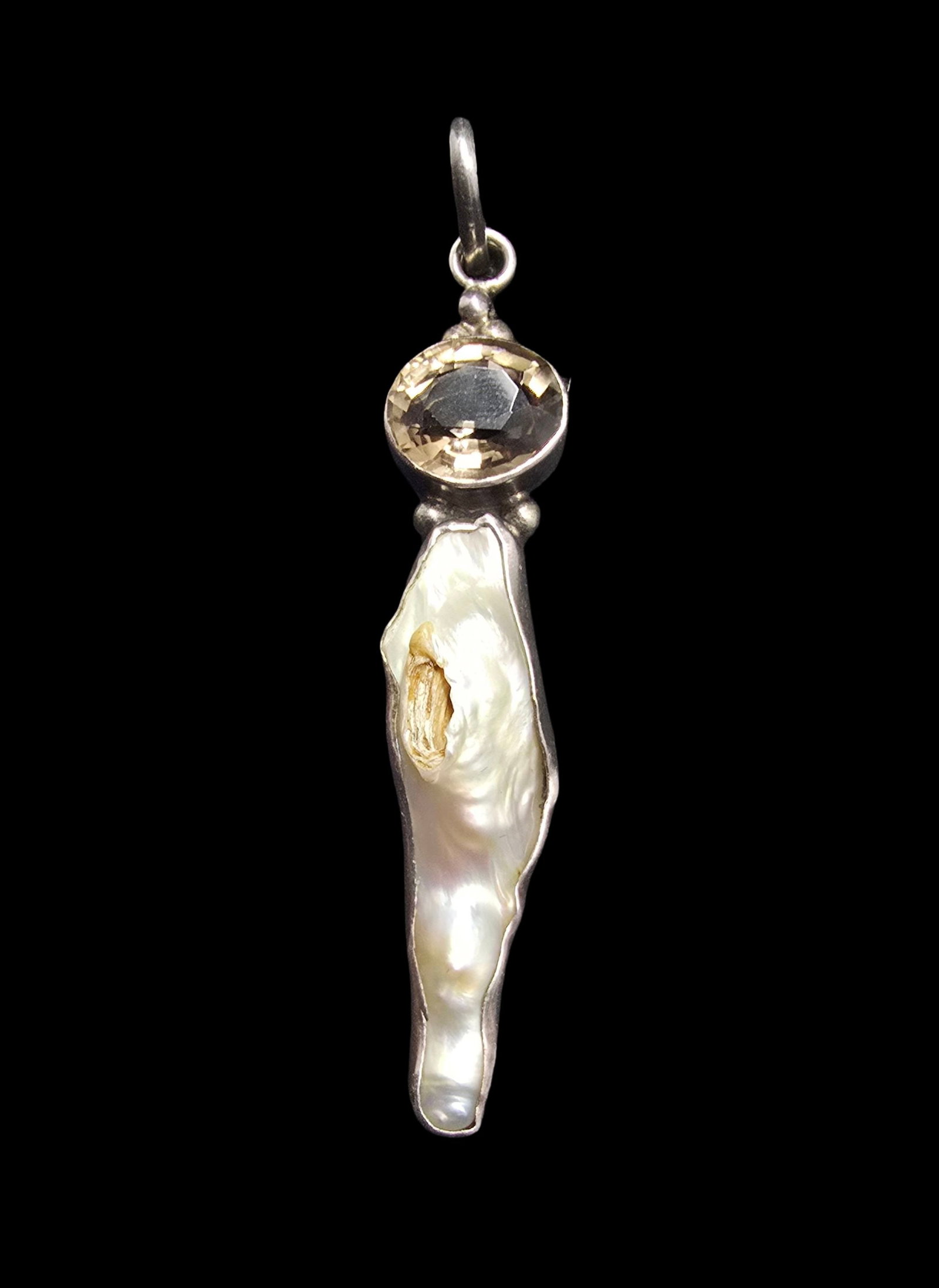 Beautiful Vintage Sterling Silver, White Natural Pearl & Rhinestone Pendant: Very good vintage condition with minor patina according to age. Measures approx. 2 1/2" long and 1/2" wide and weighs ca. 9 grams. Marked for Sterling Silver.