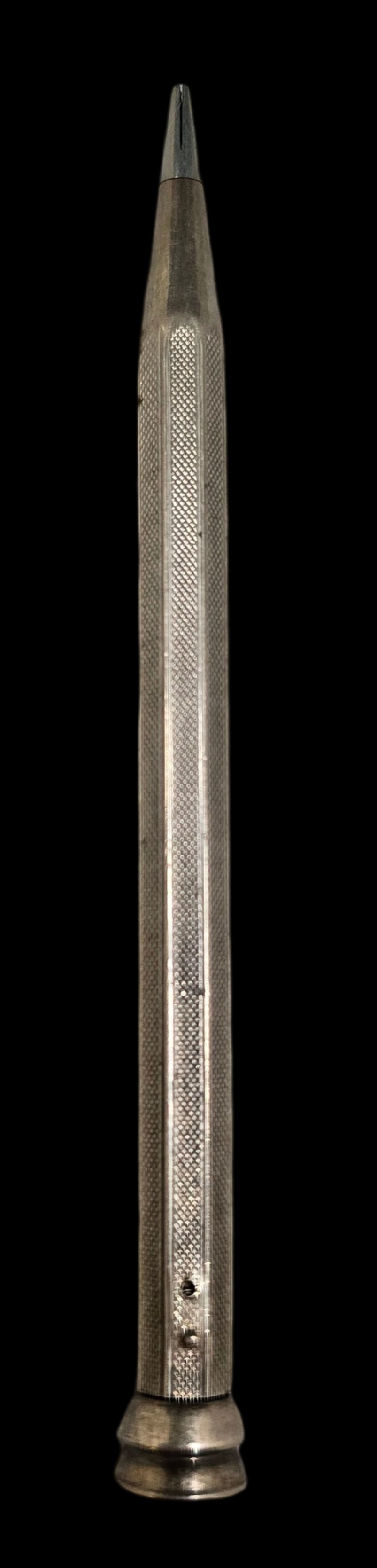 Vintage European 800 Silver Mechanical Pencil: Very good vintage condition with minor patina and wear according to age; missing the clip. Measures approx. 4 1/2" long and weighs ca. 12.8 grams. Tested for a minimum of 800 silver.