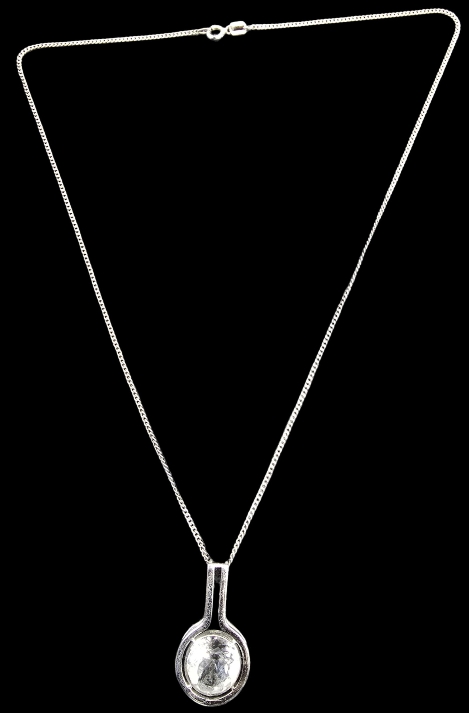 Vintage Mid-Century Modern Sterling Silver & Clear Gemstone Pendant Necklace: Very good vintage condition with minor patina according to age. Measures approx. 19" long and weighs ca. 5.5 grams. Marked.