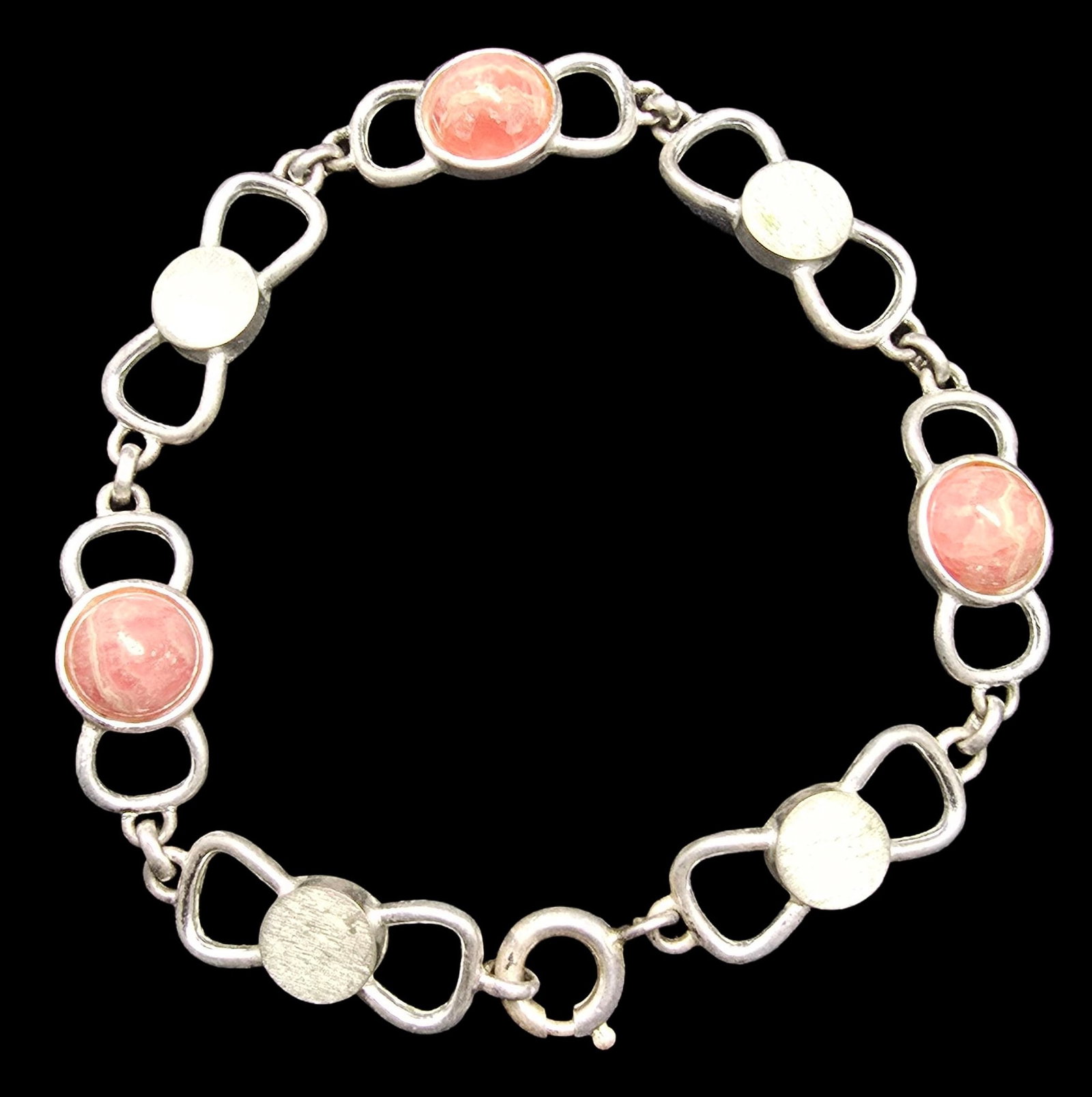 Vintage Mid-Century Modern European 800 Silver & Rhodochrosite Bracelet: Very good vintage condition with minor patina according to age. Weighs ca. 9.5 grams. Marked for 800 Silver and carrying an unidentified designer mark.