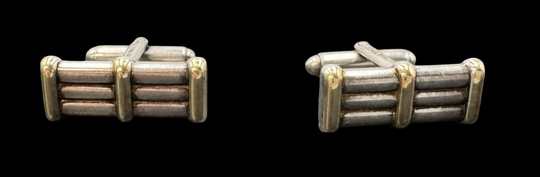 Stylish Vintage Italian Partially Gilt Sterling Silver Designer Cufflinks: Very good vintage condition with minor patina according to age. Each measures approx. 7/8" long x 3/8" wide and they jointly weigh ca. 12.9 grams. Marked for Sterling Silver & ITALY.