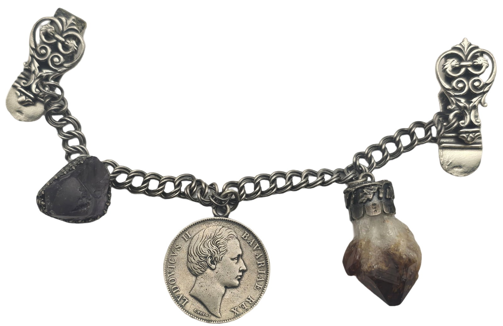 Antique Alpine European 835 Silver, Silver Coin & Crystal Traditional Attire Chain: Measures approx. 6" wide and weighs ca. 65.1 grams. Very good vintage condition with minor wear and patina according to age. Marked for 835 (83.5%) Silver.