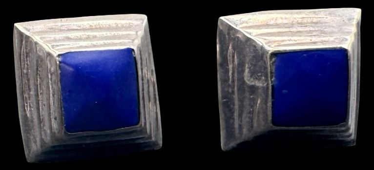 Beautiful Vintage Mid-Century Modern Sterling Silver & Blue Gemstone Earrings: Very good vintage condition with minor patina according to age. Measures approx. 1/2" long x 1/2" wide and they jointly weigh ca. 2.5 grams. Marked for Sterling Silver..