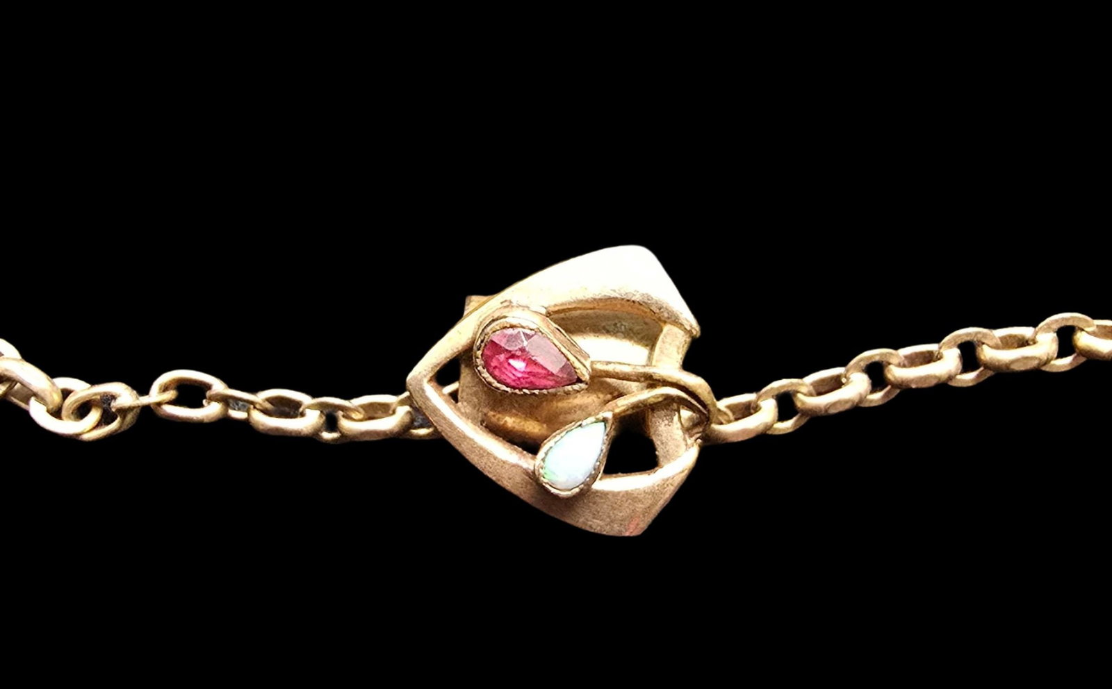 Amazing Vintage Gold Filled Long Necklace & Red/White Gemstone Slider Pendant