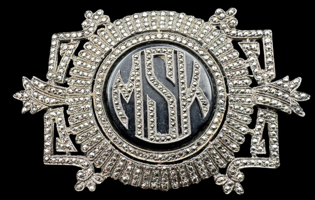 Ornate Vintage Silver Metal, Marcasite & Enamel Costume Jewelry Brooch: Very good vintage condition with minor patina according to age. Measures approx. 2 5/8" long x 1 5/8" wide.
