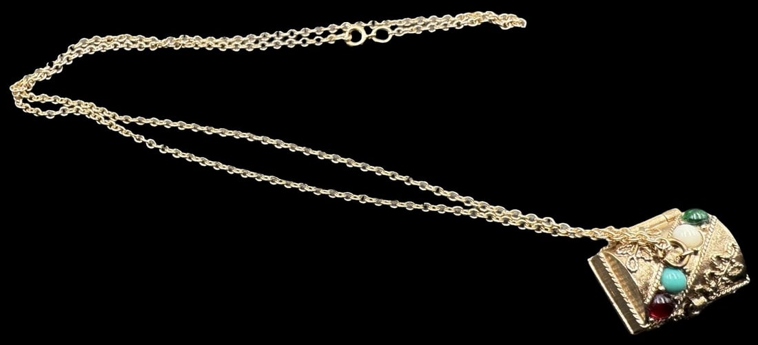 Whimsical Vintage AVON Goldtone Metal Costume Jewelry Treasure Box Pendant Necklace: Very good vintage condition with minor patina according to age. Measures approx. 1" long x 3/4" wide. Necklace is ca. 24" long.