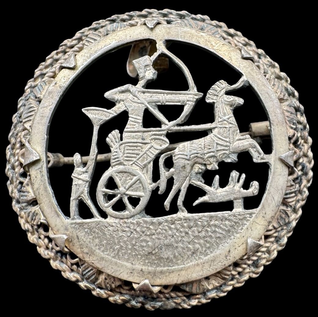 Ornate Vintage European 800 Silver Egyptian Revival Pharao on Chariot Brooch / Pendant: Very good vintage condition with minor patina according to age. Measures approx. 1 1/2" in diameter and weighs ca. 11.3 grams. Marked for 800 Silver.