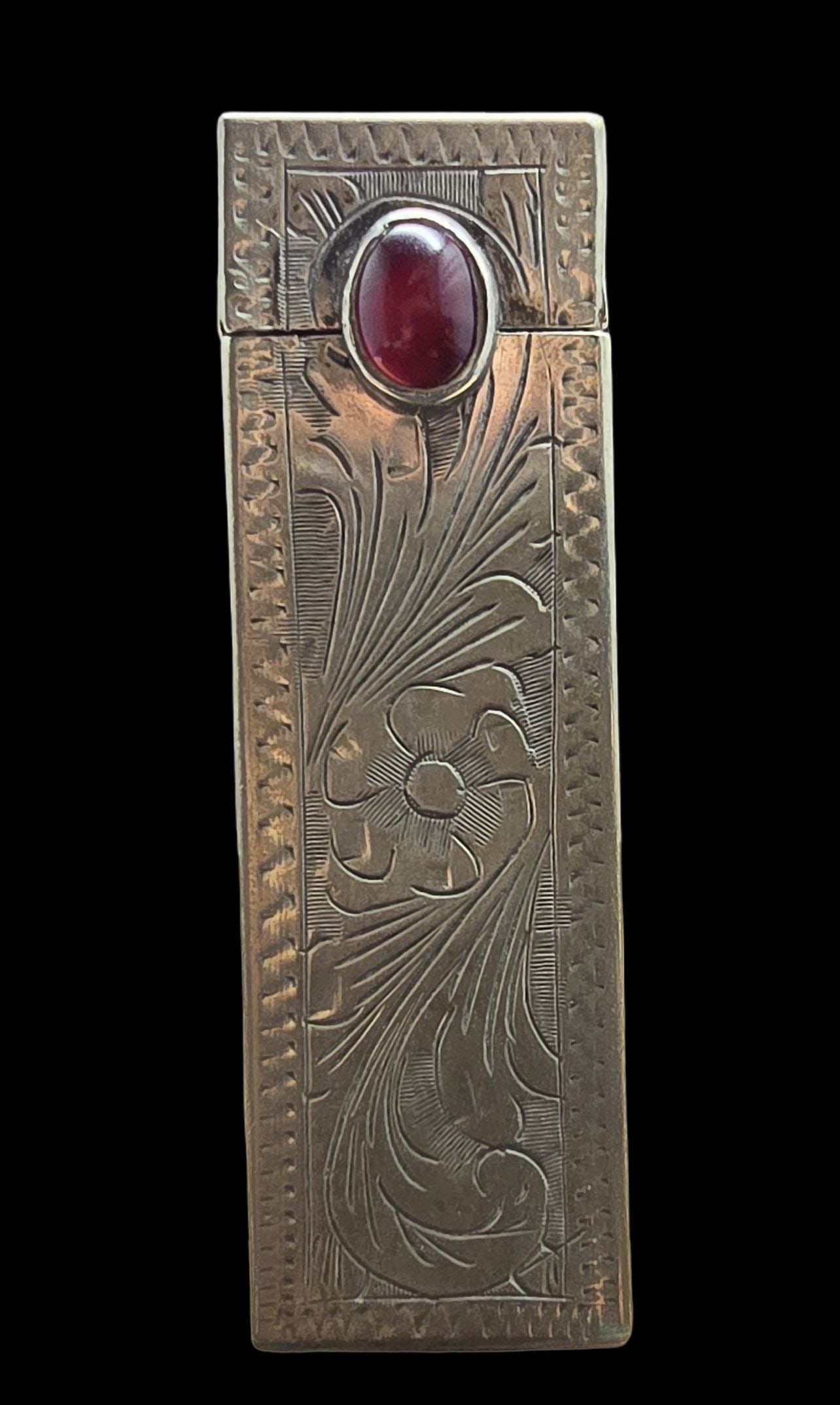 Ornate Antique European 800 Silver, Gemstone & Leaf Motiv Lipstick Holder /w Mirror: Very good antique condition with minor patina according to age. Measures approx. 1/2" wide and weighs ca. 28 grams. Marked for 800 Silver.