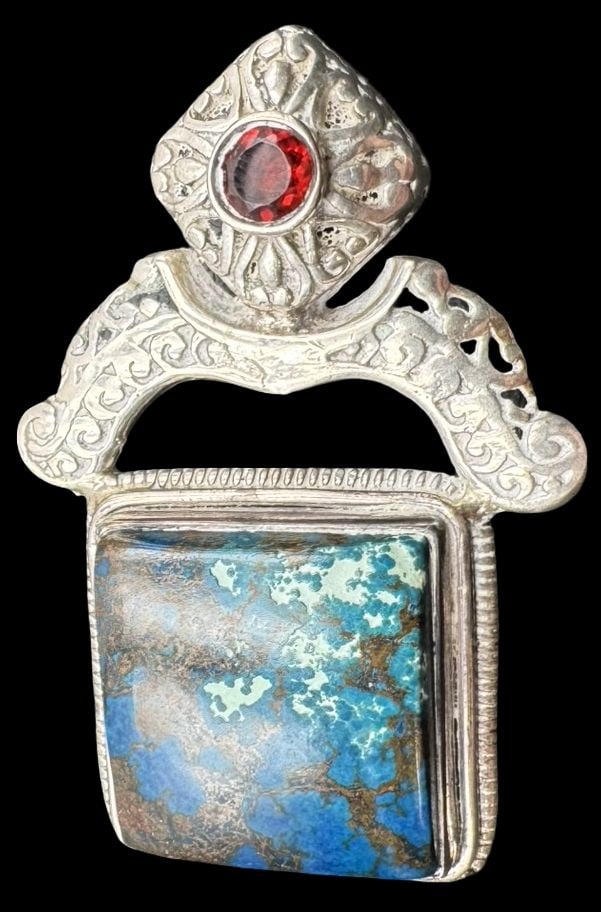 Unusual Vintage Sterling Silver & Gemstone Pendant: Very good vintage condition with minor patina according to age. Measures approx. 2" long x 1 1/4" wide and weighs ca. 16.7 grams. Marked for Sterling Silver..