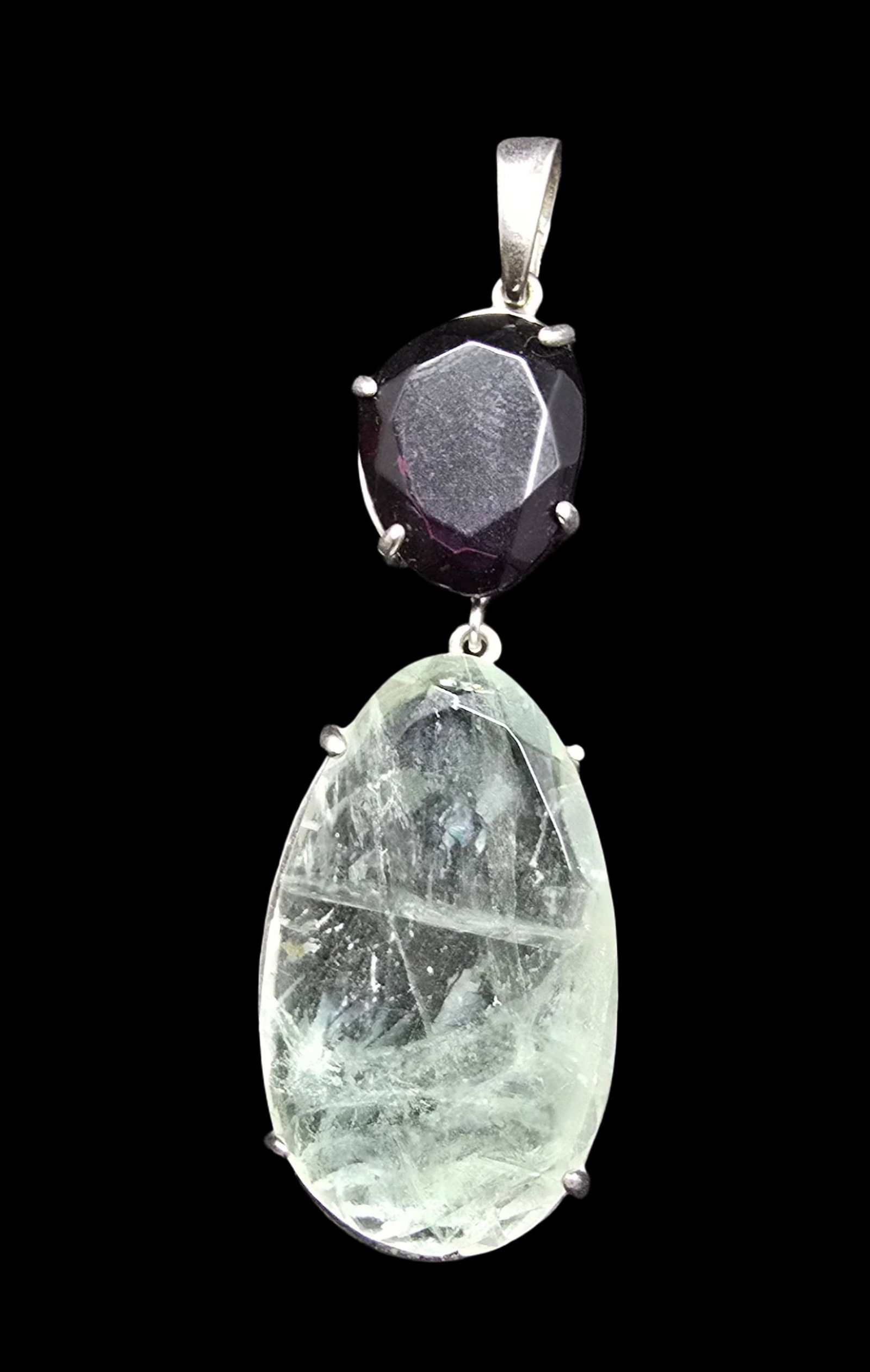 Amazing Vintage Sterling Silver, Quartz & Red Gemstone Pendant: Very good vintage condition with minor patina according to age. Measures approx. 1/2" wide and weighs ca. 8.5 grams. Marked for Sterling Silver.