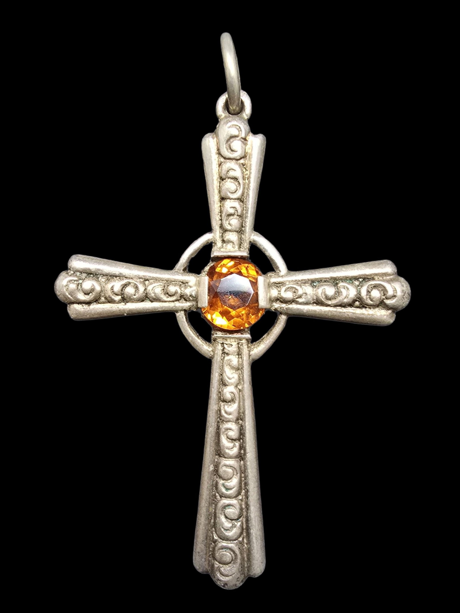 Gorgeous Vintage Sterling Silver & Orange Gemstone Cross Pendant Charm: Very good vintage condition with minor patina according to age. Measures approx. 1 1/2" wide and weighs ca. 5.5 grams. Marked for Sterling Silver.