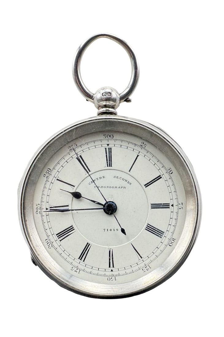 Large & Heavy Vintage British HENRY WOLFE Sterling Silver Chronograph Pocket Watch (1 of 9)