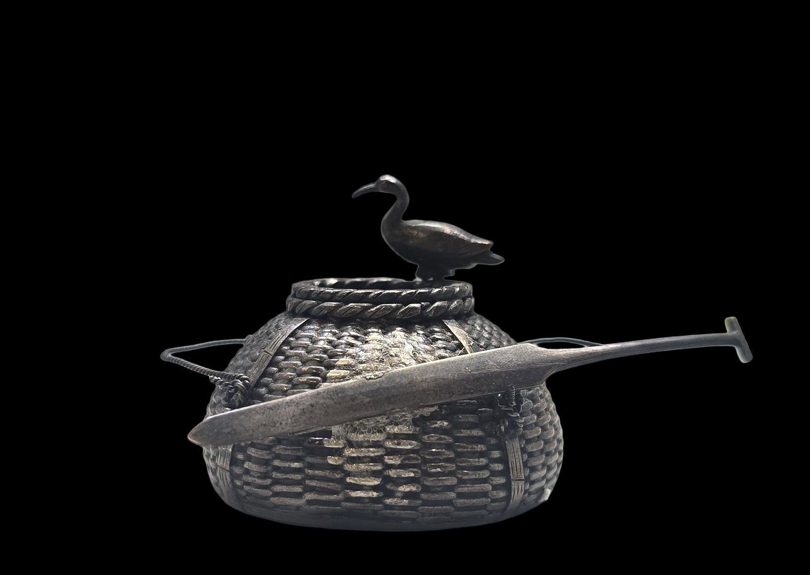 Rare Antique Handmade Chinese Sterling Silver Cormorant Fishing Basket Inkwell: Very good vintage condition with minor patina and wear according to age; missing the glass insert. Measures approx. 2" high x 2" wide and weighs ca. 30 grams. Tested for Sterling Silver.