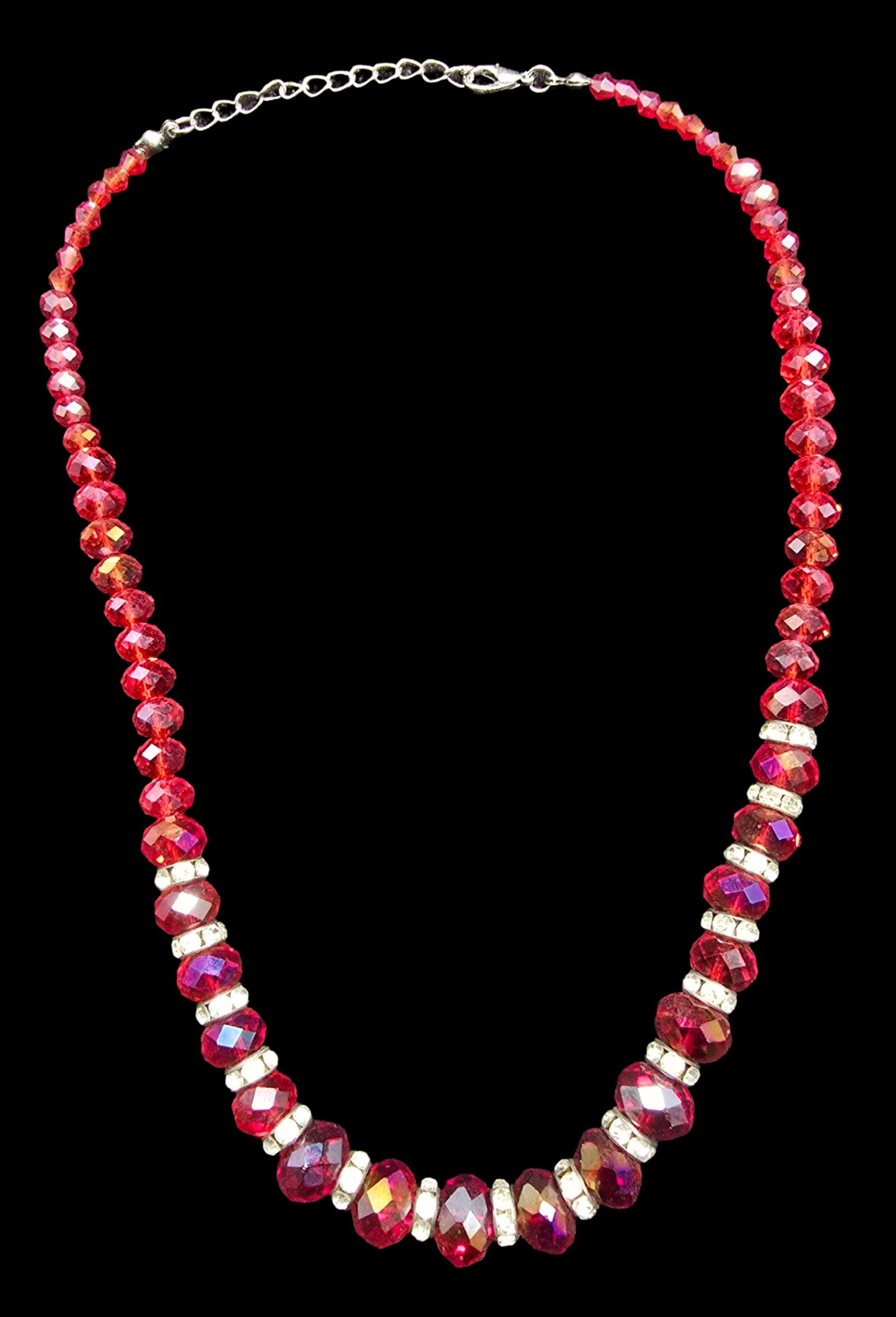 Stunning Vintage Sterling Silver & Red Crystal Beads Necklace: Very good antique condition with minor patina according to age. Measures approx. 18" long and weighs ca. 36 grams.