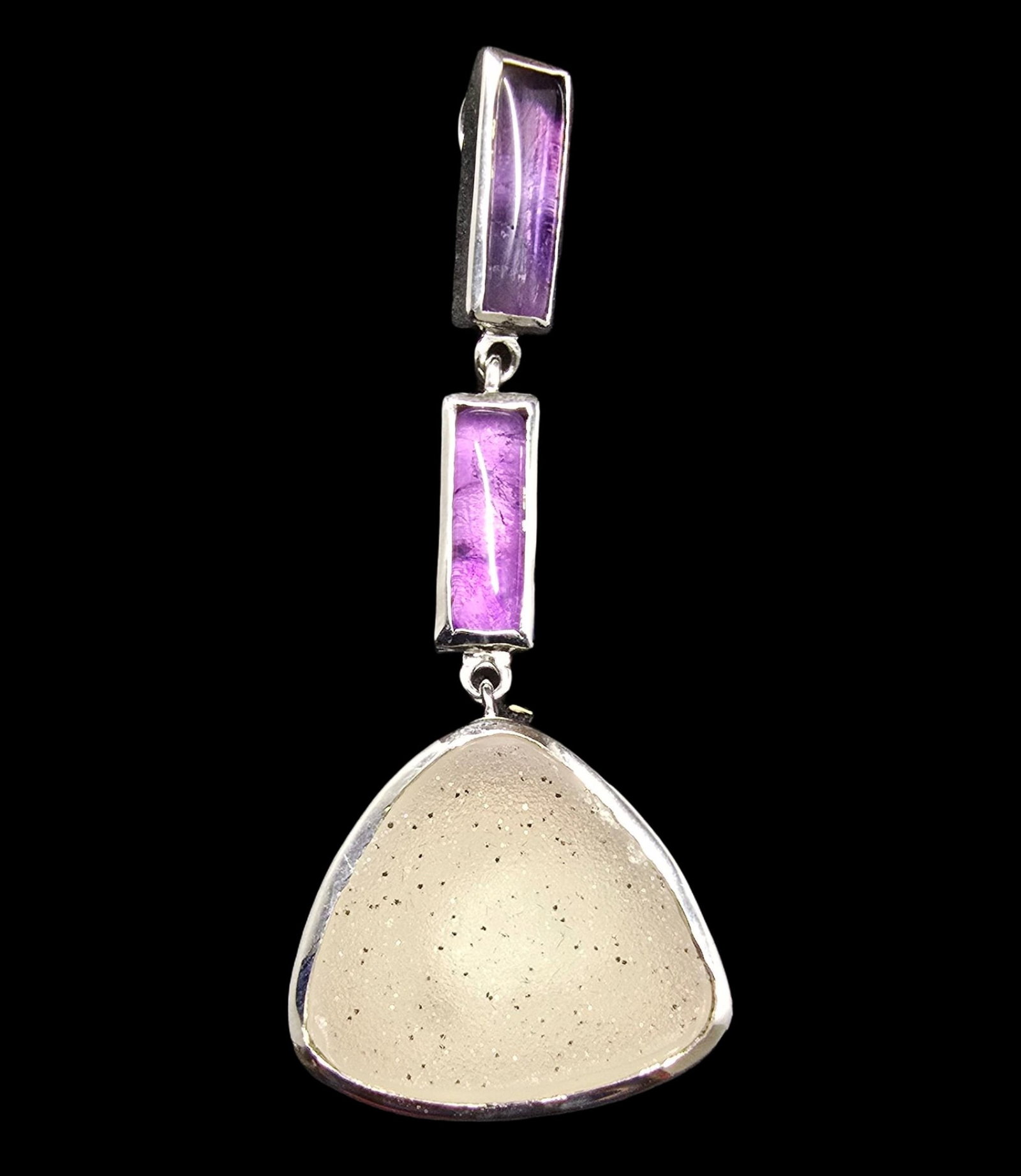 Gorgeous Vintage Sterling Silver, Amethyst & White Gemstone Pendant: Very good vintage condition with minor patina according to age. Measures approx. 1" wide and weighs ca. 9 grams. Marked for Sterling Silver.