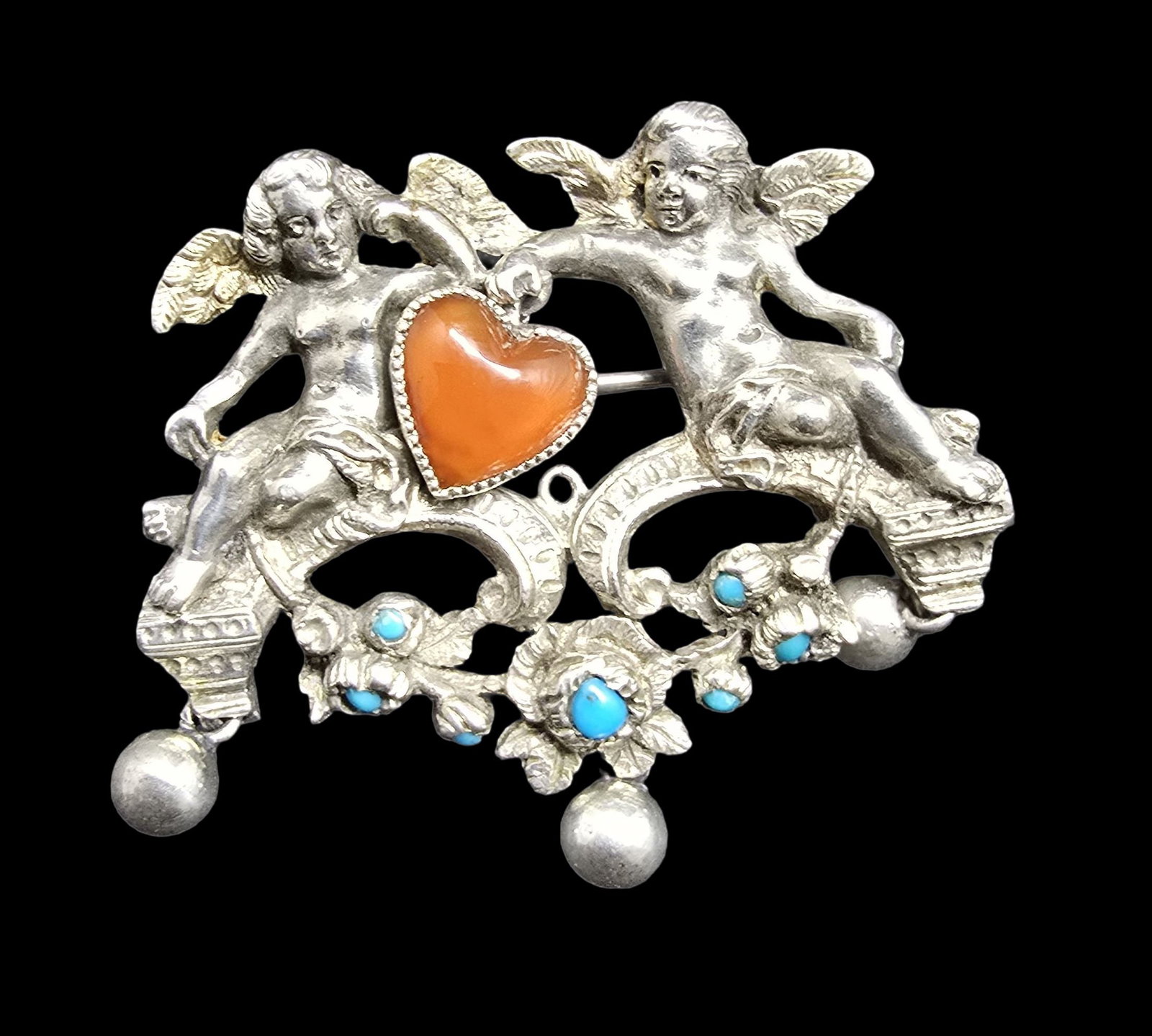 Very Rare Antique ca. 1880 European 800 Silver, Turquoise & Red Gemstone Angels in Love Brooch: Very good vintage condition with minor patina according to age. Measures approx. 1 1/2" long and 1" wide and weighs ca. 15 grams. Tested for Silver.
