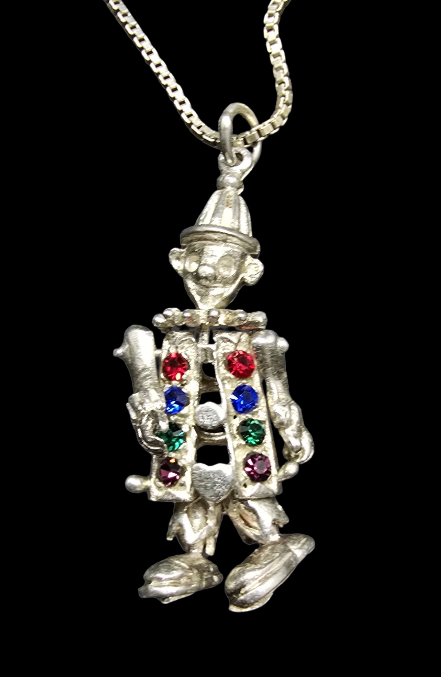 Gorgeous Vintage Sterling Silver & Multi-Color Gemstone Clown Pendant Necklace: Very good vintage condition with minor patina according to age. Weighs ca. 5.5 grams. Marked for Sterling Silver & Italy