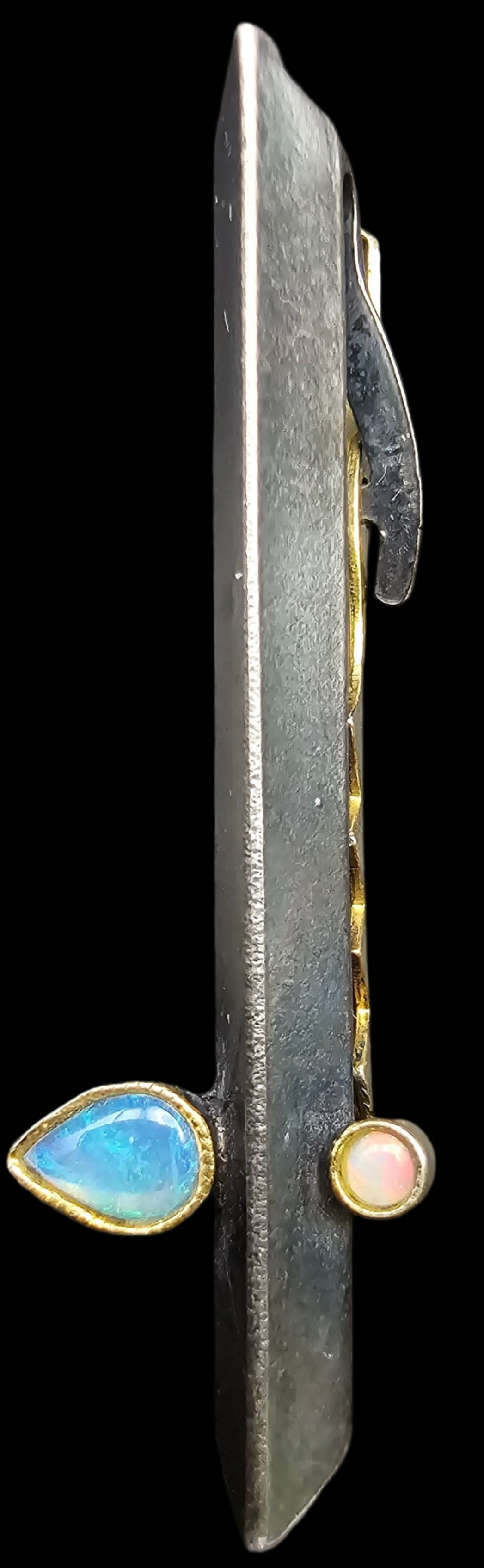 Very Unusual Vintage Partially Gilt Sterling Silver & Opal Tie Pin: Very good vintage condition with some patina and wear according to age. Measures approx. weighs ca. ca. 6.5 grams. Marked for Sterling Silver..