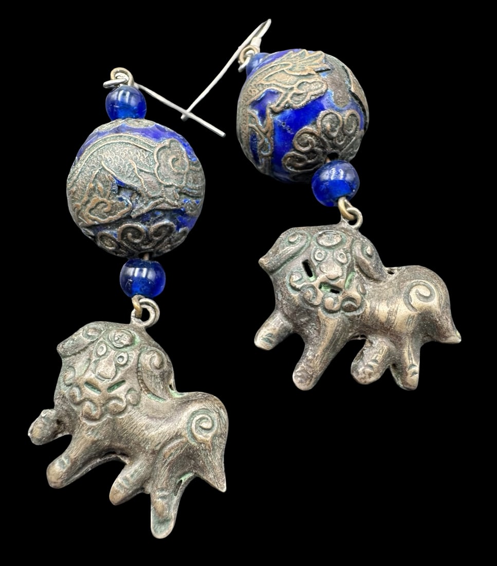 Very Unusual Vintage Asian European 800 Silver & Blue Eanamel Earrings: Very good vintage condition with minor patina according to age. Each measures approx. 2" long x 1" wide and they jointly weigh ca. 18.5 grams. Tested for a minimum of 800 Silver.