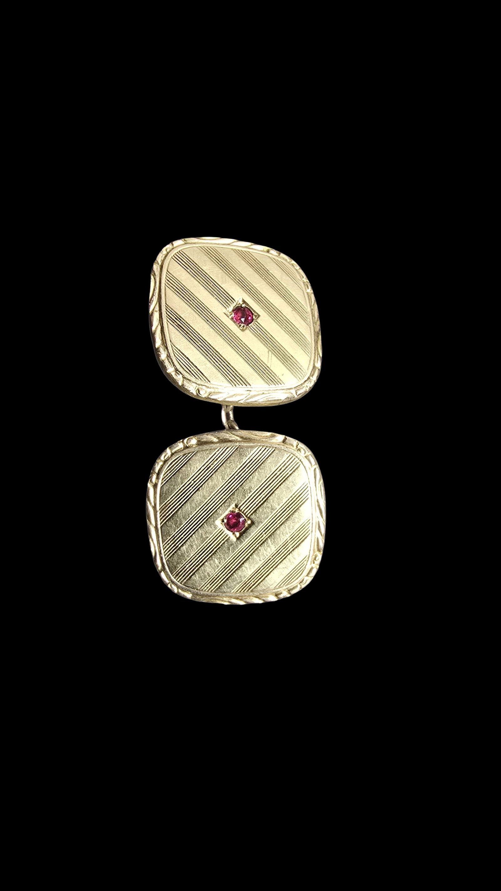 Amazing Ornate Antique Gold Filled & Ruby Gemstones Cufflinks: Very good antique condition with minor patina according to age. Measures approx. 1 " long and 1 1/2" wide and weighs ca. 4 grams.