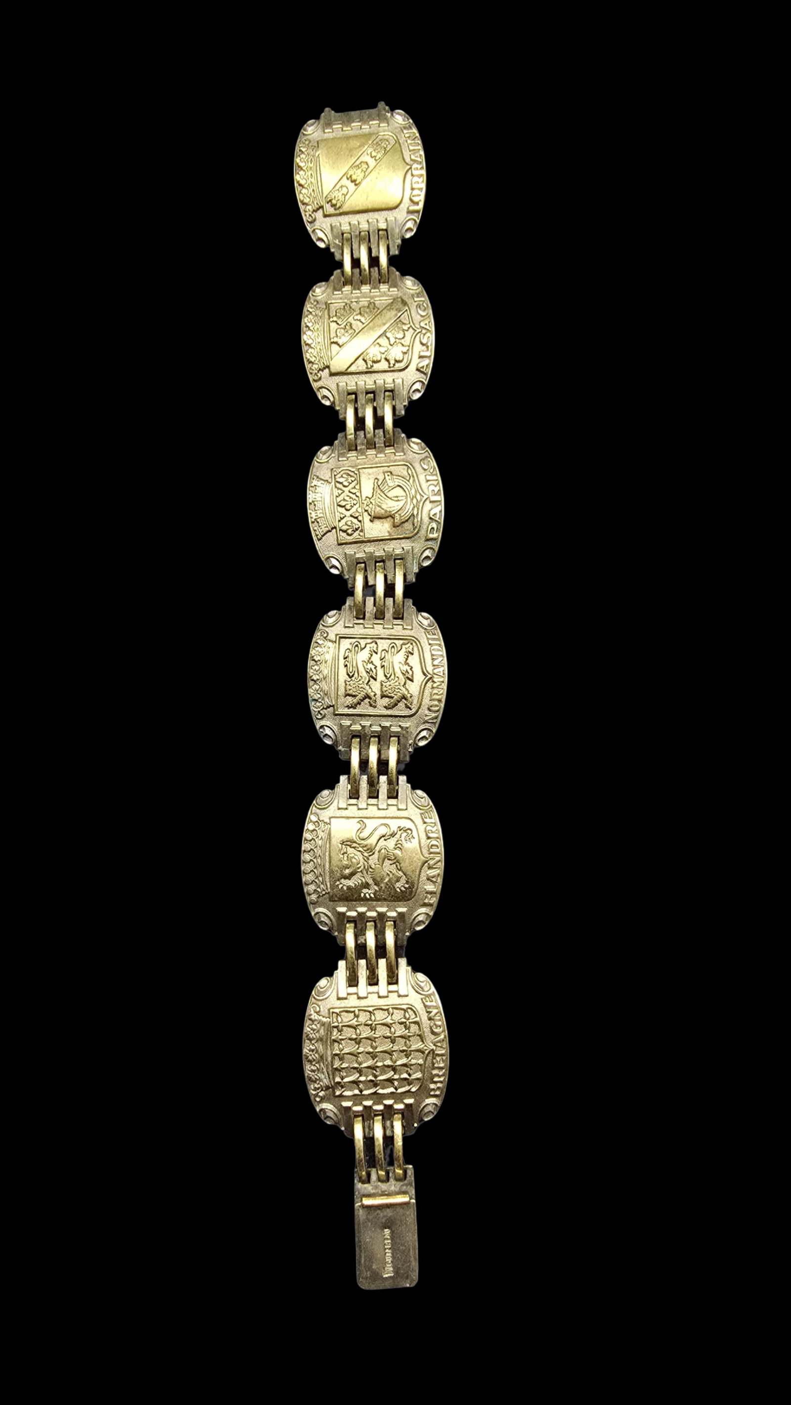 Stunning Ornate Antique French MOUTEREAU City Crest Panel Bracelet: Very good antique condition with minor patina according to age. Measures approx. 7 1/2" long and weighs ca. 34 grams.