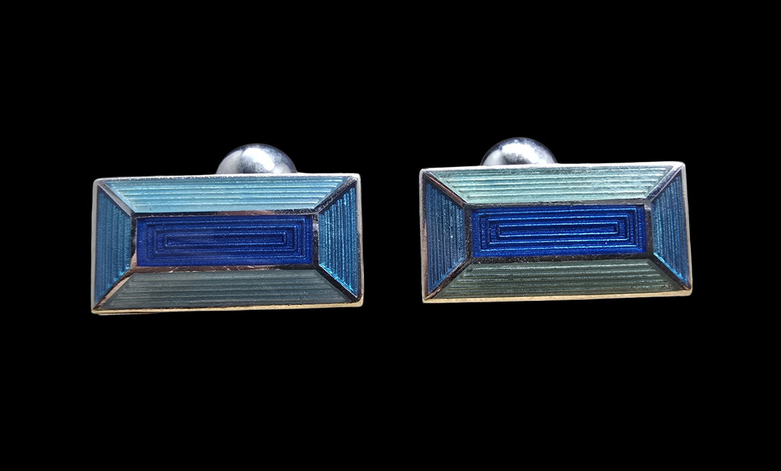 Beautiful Vintage Stainless Steel & Blue Guilloche Enamel Cufflinks: Very good vintage condition with minor patina according to age. Measures approx. 1" wide and weighs ca. 20 grams.