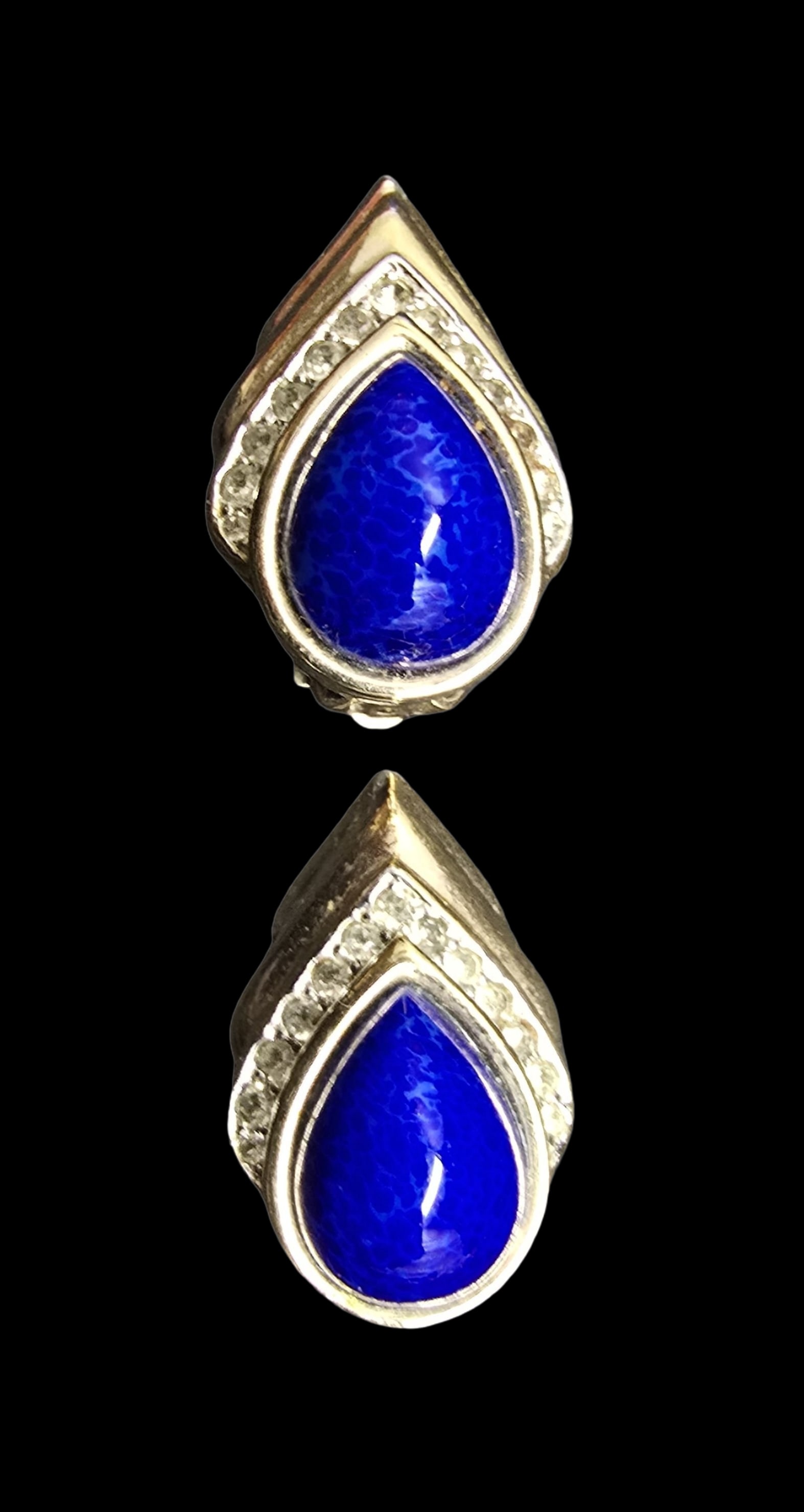 Beautiful Vintage PANETTA Costume Jewlery Blue Gemstone & Clear Rhinestone Clip-On Earrings: Very good antique condition with minor patina according to age. Measures approx. 1" wide and weighs ca. 17 grams. Marked for PANETTA