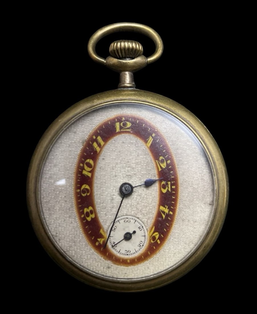 Very Unusual Antique Gold Tone Pocket Watch: Very good antique condition with minor patina according to age. Measures approx. 2 1/8" long and 2" wide and weighs ca. 63.06 grams. The timepiece is functional.