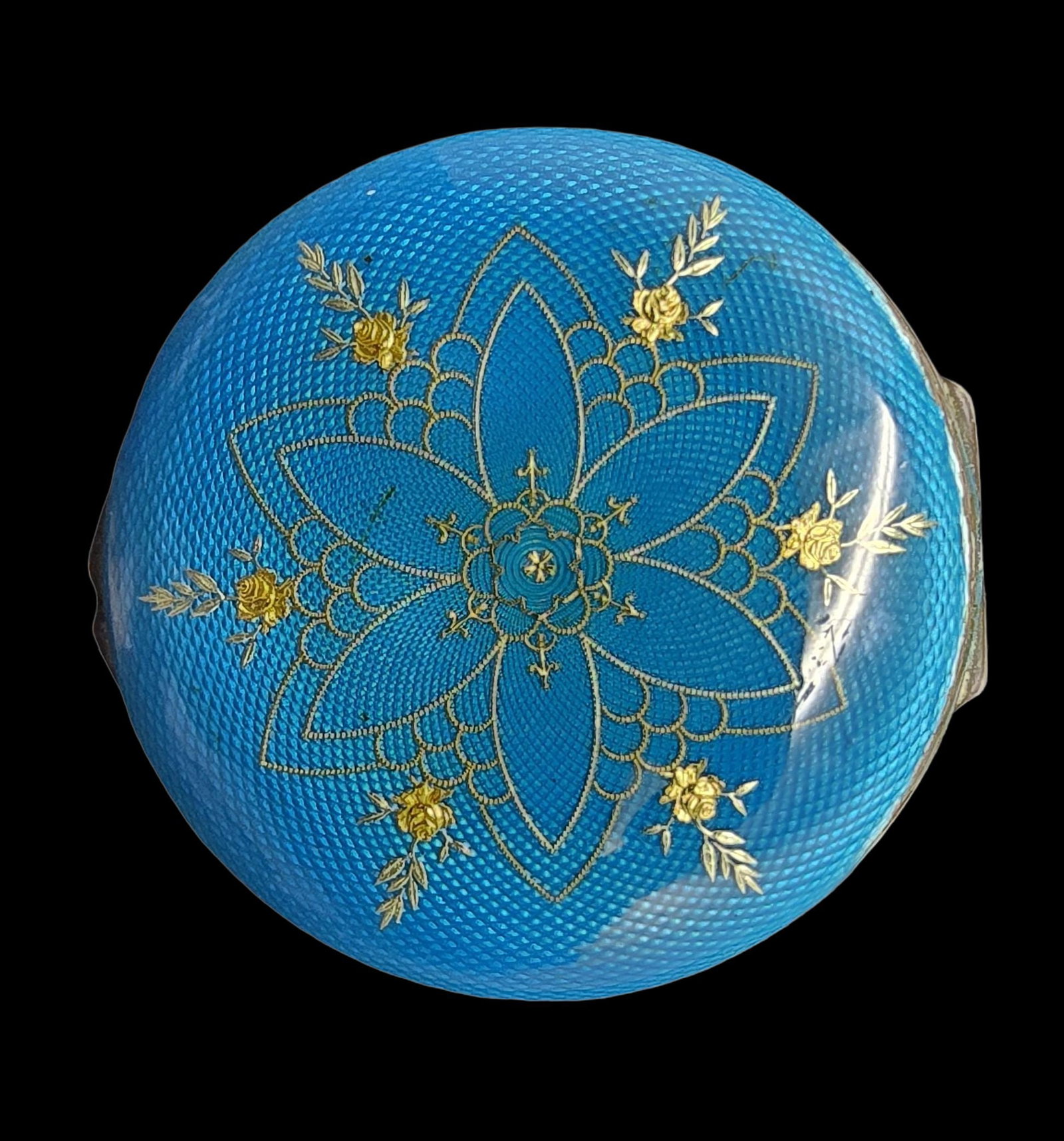 Gorgeous Antique European Sterling Silver Blue & Gold Tone Guilloche Enamel Pill Box: Very good antique condition with minor patina according to age. Measures approx. 1/2" high and 2" wide and weighs ca. 75 grams. Marked for Sterling Silver.